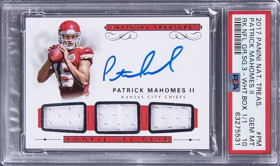 2017 Panini National Treasures "Rookie NFL Gear Signatures" #PM Patrick Mahomes II Signed Triple Jersey Rookie Card (White Box #1/1) - PSA GEM MT 10